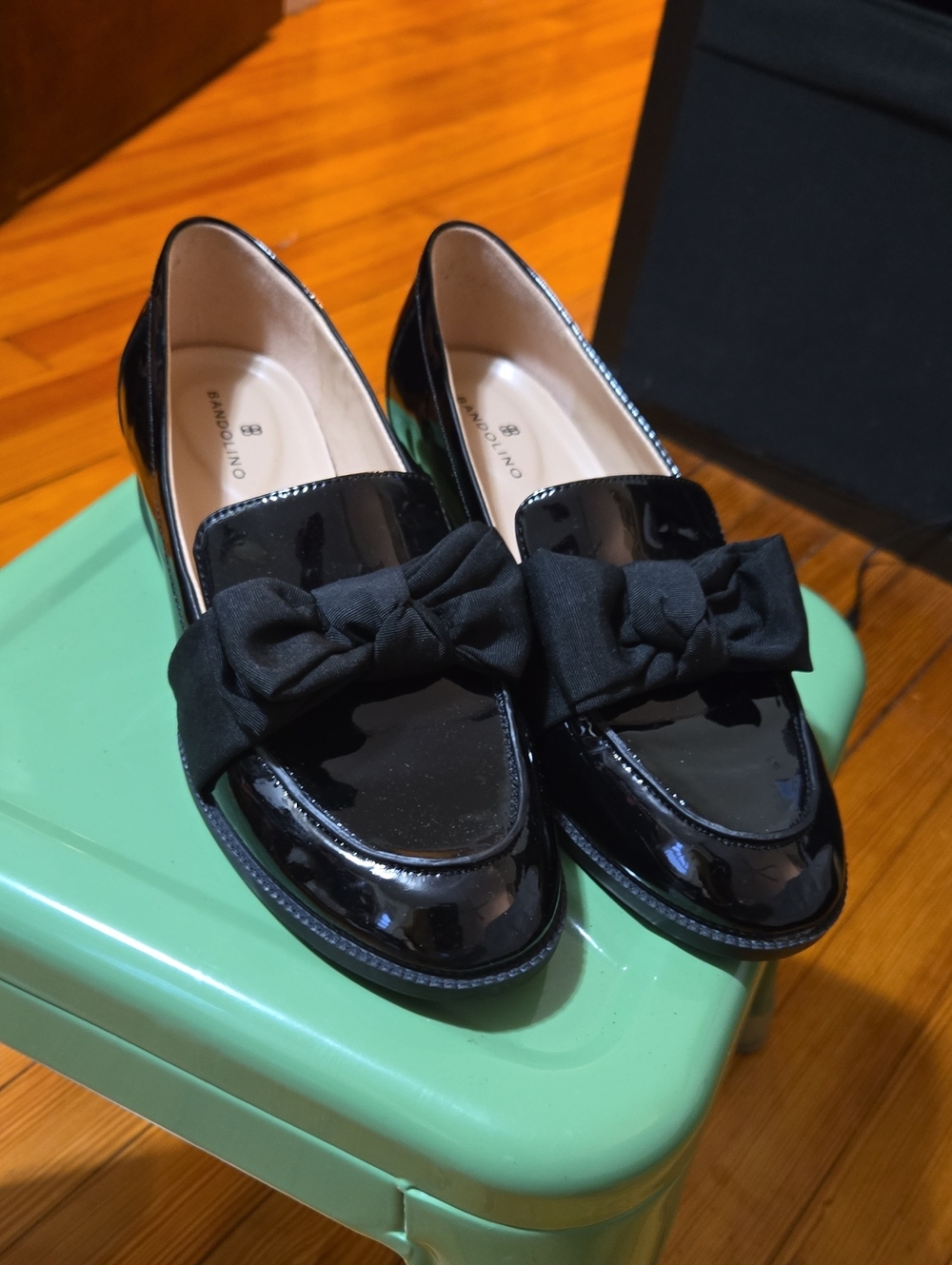 Bandolino Black Patent Loafers with Fabric Bow Accent